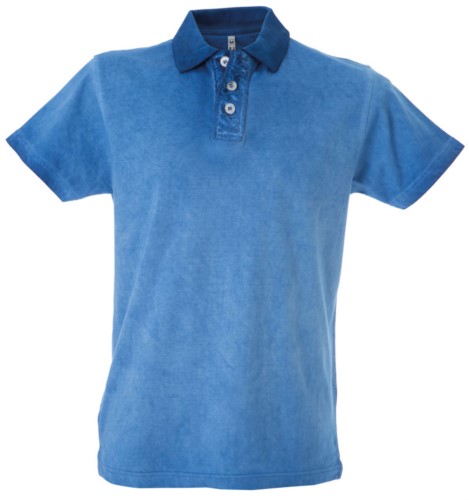 Short sleeve jersey polo shirt, three buttons closure, rib collar, creased cuff, 100% combed cotton fabric, color: royal blue 