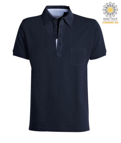 Short sleeve polo shirt with pocket, collar with oxford inserts in the collar, denim blue color
