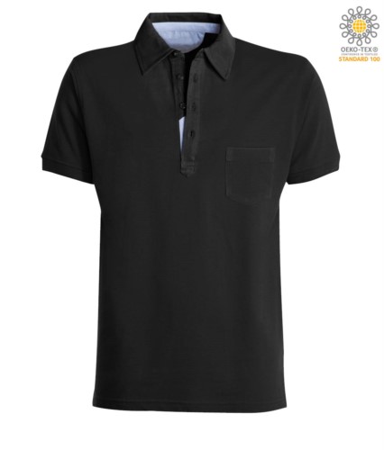 Short sleeve polo shirt with pocket, collar with oxford inserts in the collar, black color
