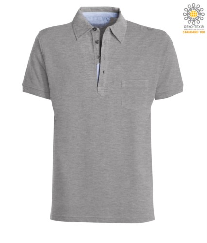 Short sleeve polo shirt with pocket, collar with oxford inserts in the collar, Menlange Grey color
