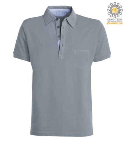 Short sleeve polo shirt with pocket, collar with oxford inserts in the collar, grey color