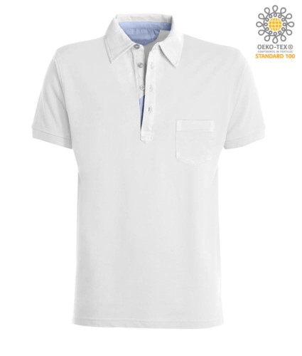 Short sleeve polo shirt with pocket, collar with oxford inserts in the collar, white color
