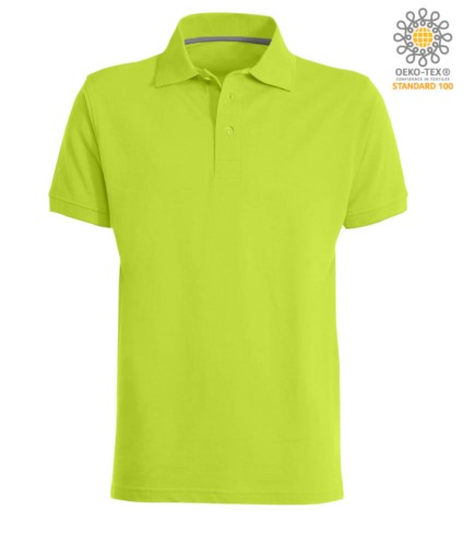Short sleeved polo shirt with three buttons closure, 100% cotton, acid green colour