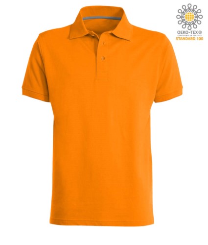 Short sleeved polo shirt with three buttons closure, 100% cotton, orange colour