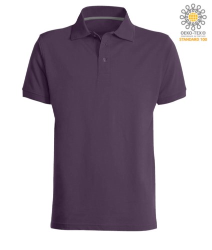 Short sleeved polo shirt with three buttons closure, 100% cotton, indigo purple colour