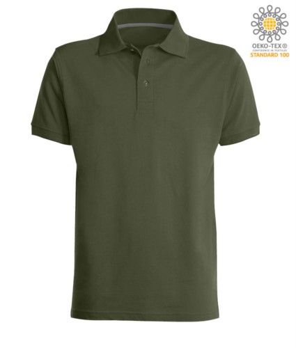 Short sleeved polo shirt with three buttons closure, 100% cotton, light military green colour