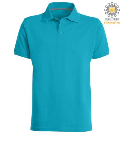 Short sleeved polo shirt with three buttons closure, 100% cotton, atoll blue colour