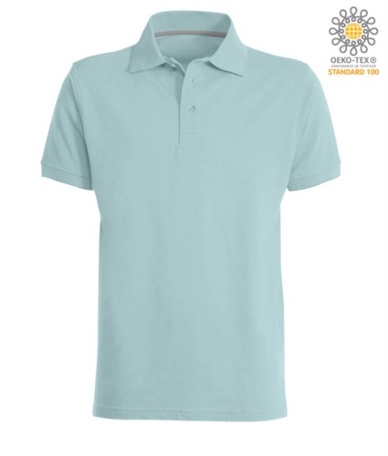 Short sleeved polo shirt with three buttons closure, 100% cotton, aquamarine colour
