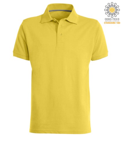 Short sleeved polo shirt with three buttons closure, 100% cotton, yellow colour