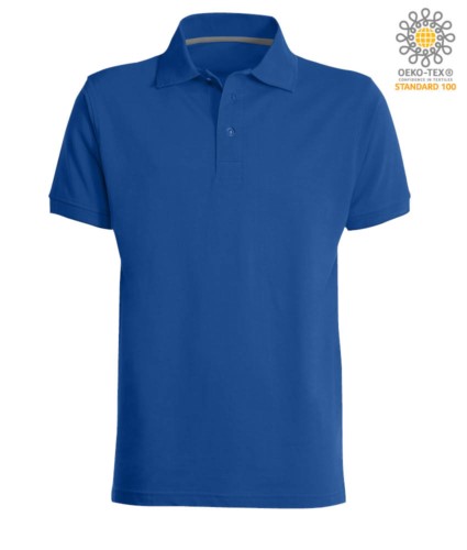 Short sleeved polo shirt with three buttons closure, 100% cotton, royal blue colour
