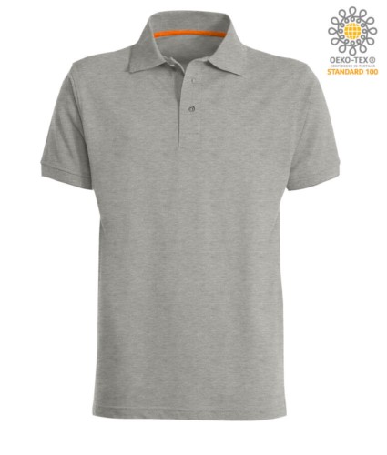 Short sleeved polo shirt with three buttons closure, 100% cotton, melange grey colour