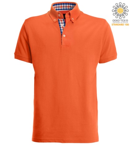 Short sleeve work polo shirt, three button closure, side vents, button-down collar handrail, 100% cotton fabric, orange color, orange color white and blue collar