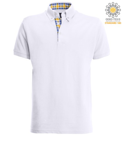 Short sleeve work polo shirt, three button closure, side vents, button-down collar handrail, 100% cotton fabric, white color, white color blue and yellow collar