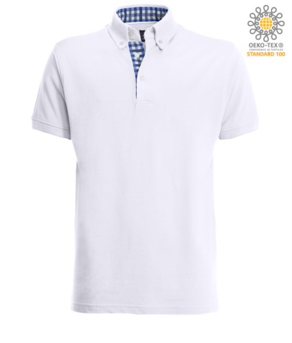 Short sleeve work polo shirt, three button closure, side vents, button-down collar handrail, 100% cotton fabric, white color, white color navy blue collar