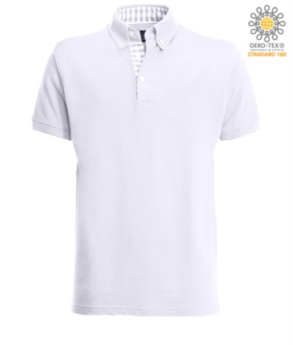 Short sleeve work polo shirt, three button closure, side vents, button-down collar handrail, 100% cotton fabric, white color, white color white and denim collar