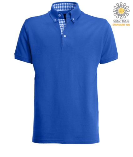 Short sleeve work polo shirt, three button closure, side vents, button-down collar handrail, 100% cotton fabric, royal blue color, royal blue color white collar
