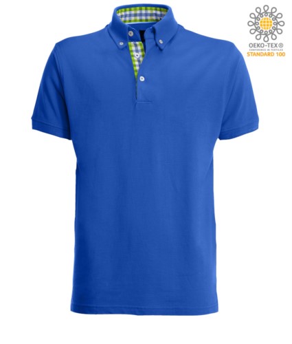 Short sleeve work polo shirt, three button closure, side vents, button-down collar handrail, 100% cotton fabric, royal blue color, royal blue color green and white collar