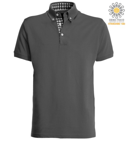 Short sleeve work polo shirt, three button closure, side vents, button-down collar handrail, 100% cotton fabric, graphite color, graphite color white collar