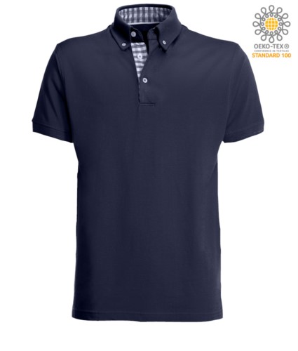 Short sleeve work polo shirt, three button closure, side vents, button-down collar handrail, 100% cotton fabric, navy blue color, navy blue color white collar
