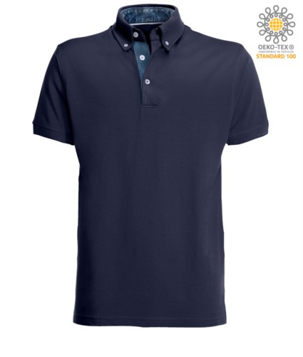Short sleeve work polo shirt, three button closure, side vents, button-down collar handrail, 100% cotton fabric, denim color, navy blue color denim collar