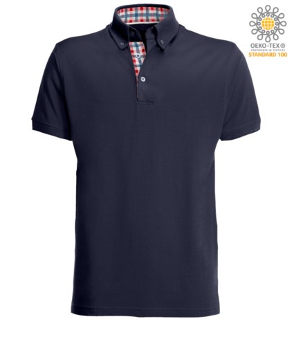 Short sleeve work polo shirt, three button closure, side vents, button-down collar handrail, 100% cotton fabric, navy blue color, navy blue color red and white collar