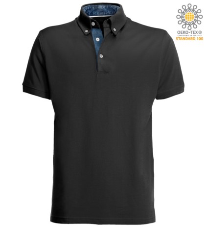 Short sleeve work polo shirt, three button closure, side vents, button-down collar handrail, 100% cotton fabric, black color, black color denim collar