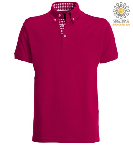 Short sleeve work polo shirt, three button closure, side vents, button-down collar handrail, 100% cotton fabric, purple color, purple color white collar