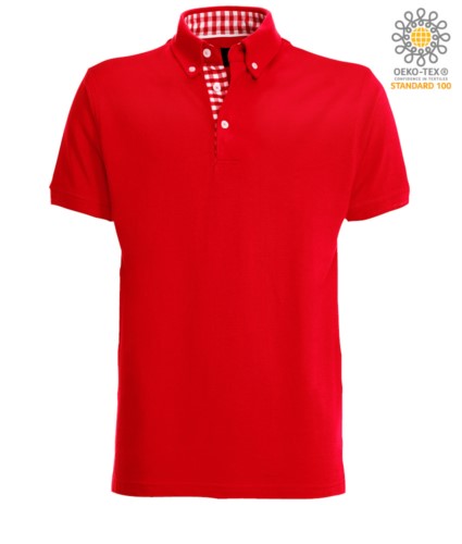 Short sleeve work polo shirt, three button closure, side vents, button-down collar handrail, 100% cotton fabric, red color, red color white collar