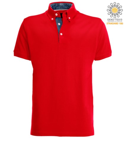 Short sleeve work polo shirt, three button closure, side vents, button-down collar handrail, 100% cotton fabric, red color, red color denim collar