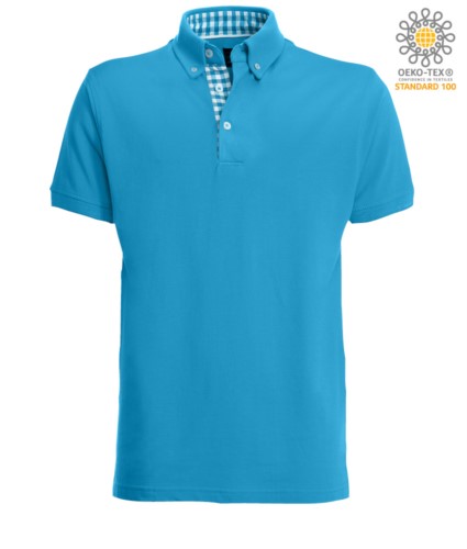 Short sleeve work polo shirt, three button closure, side vents, button-down collar handrail, 100% cotton fabric, turquoise color, turquoise color white collar