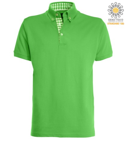 Short sleeve work polo shirt, three button closure, side vents, button-down collar handrail, 100% cotton fabric, green color, green color white collar 