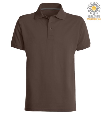 Short sleeved polo shirt with three buttons closure, 100% cotton, brown colour