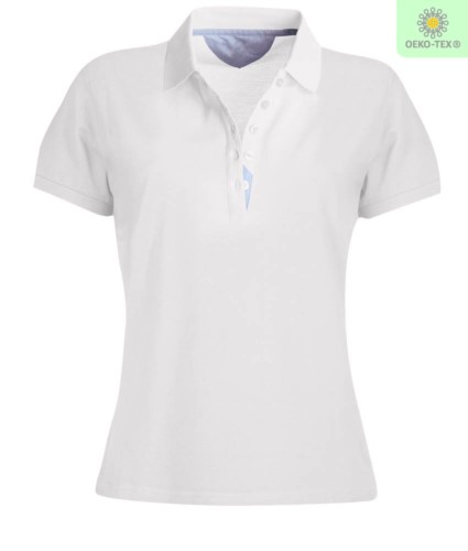 Women short sleeved polo shirt, five-button closure, rib collar, 100% cotton piquet fabric, white colour
