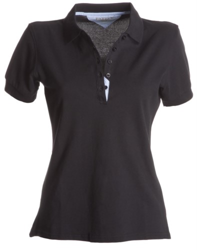 Women short sleeved polo shirt, five-button closure, rib collar, 100% cotton piquet fabric, black colour
