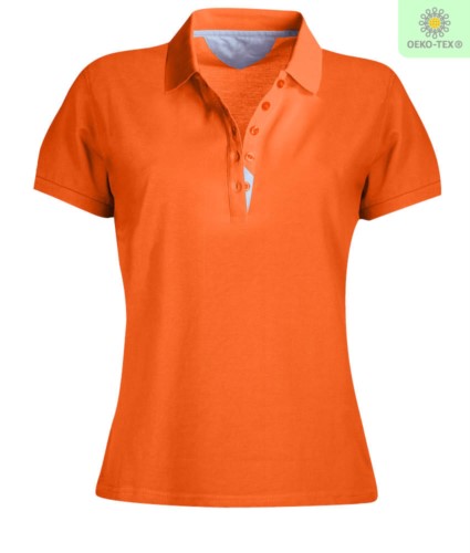 Women short sleeved polo shirt, five-button closure, rib collar, 100% cotton piquet fabric, orange colour
