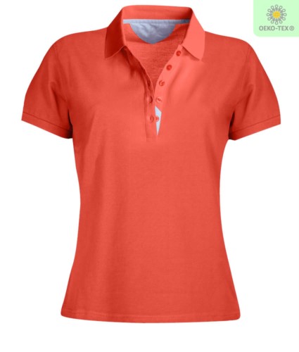 Women short sleeved polo shirt, five-button closure, rib collar, 100% cotton piquet fabric, coral colour
