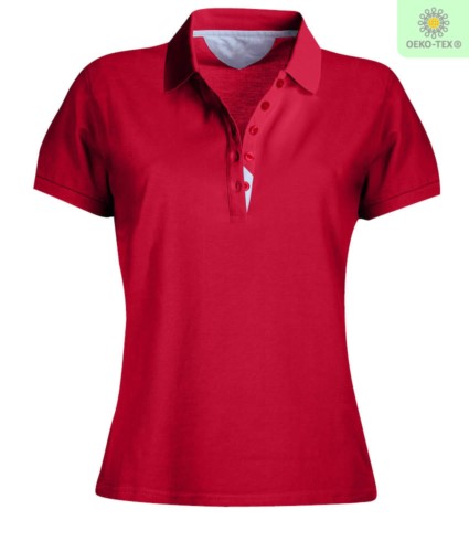 Women short sleeved polo shirt, five-button closure, rib collar, 100% cotton piquet fabric, red colour
