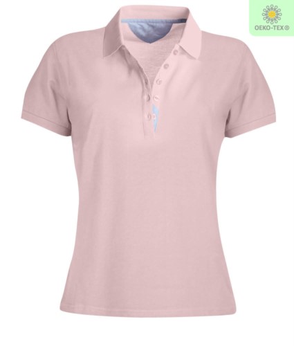 Women short sleeved polo shirt, five-button closure, rib collar, 100% cotton piquet fabric, pink colour
