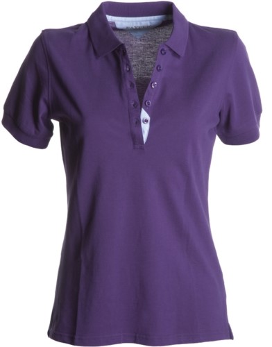 Women short sleeved polo shirt, five-button closure, rib collar, 100% cotton piquet fabric, purple colour
