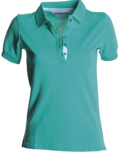 Women short sleeved polo shirt, five-button closure, rib collar, 100% cotton piquet fabric, smerald green colour

