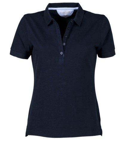 Women short sleeved polo shirt, five-button closure, rib collar, 100% cotton piquet fabric, navy blue colour
