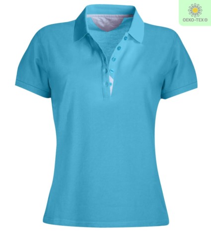 Women short sleeved polo shirt, five-button closure, rib collar, 100% cotton piquet fabric, turquoise colour

