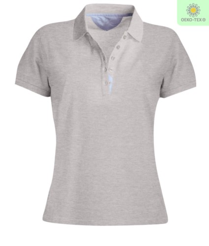 Women short sleeved polo shirt, five-button closure, rib collar, 100% cotton piquet fabric, grey melange colour
