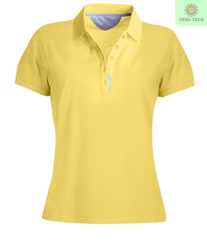 Women short sleeved polo shirt, five-button closure, rib collar, 100% cotton piquet fabric, yellow colour
