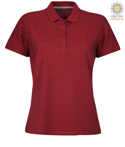 Women short sleeved polo shirt with four buttons closure, 100% cotton. bordeux colour