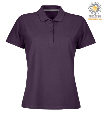 Women short sleeved polo shirt with four buttons closure, 100% cotton. indigo purple colour