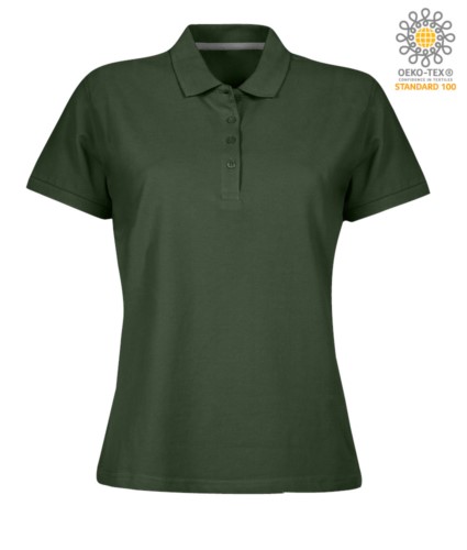 Women short sleeved polo shirt with four buttons closure, 100% cotton. military green colour