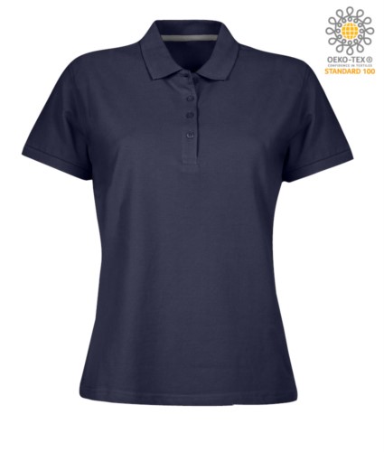 Women short sleeved polo shirt with four buttons closure, 100% cotton. namy blue colour