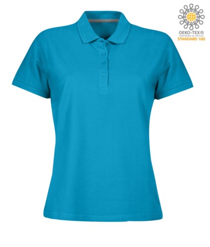 Women short sleeved polo shirt with four buttons closure, 100% cotton. blue atoll colour