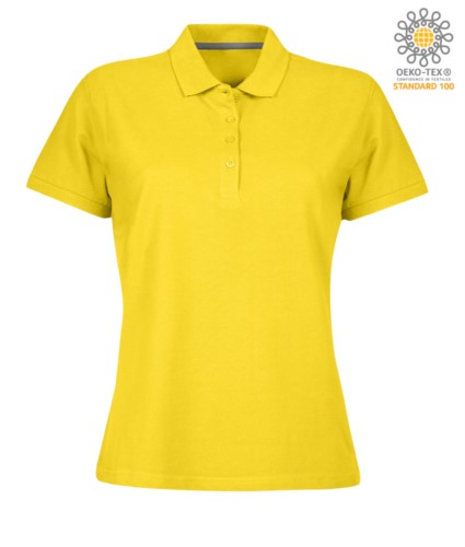 Women short sleeved polo shirt with four buttons closure, 100% cotton. yellow colour